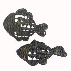 Woven Wicker Rattan Fish Shaped Hanging Wall Decor Set Of 2 Dark Gray
